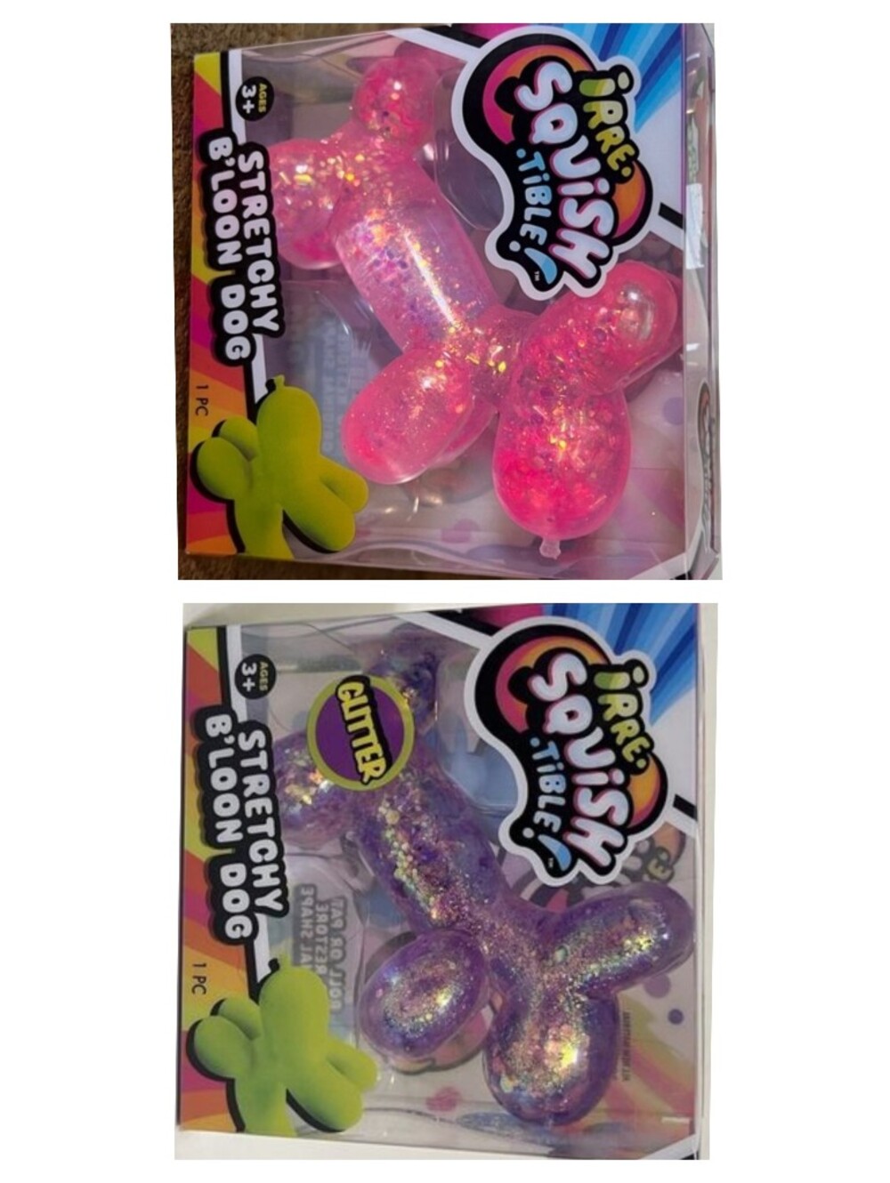 2 Pack Stretchy Balloon Dog Plush - Pink & Purple Glitter